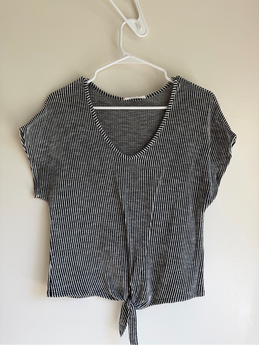 Striped Black & White Tie-Front V-Neck Top